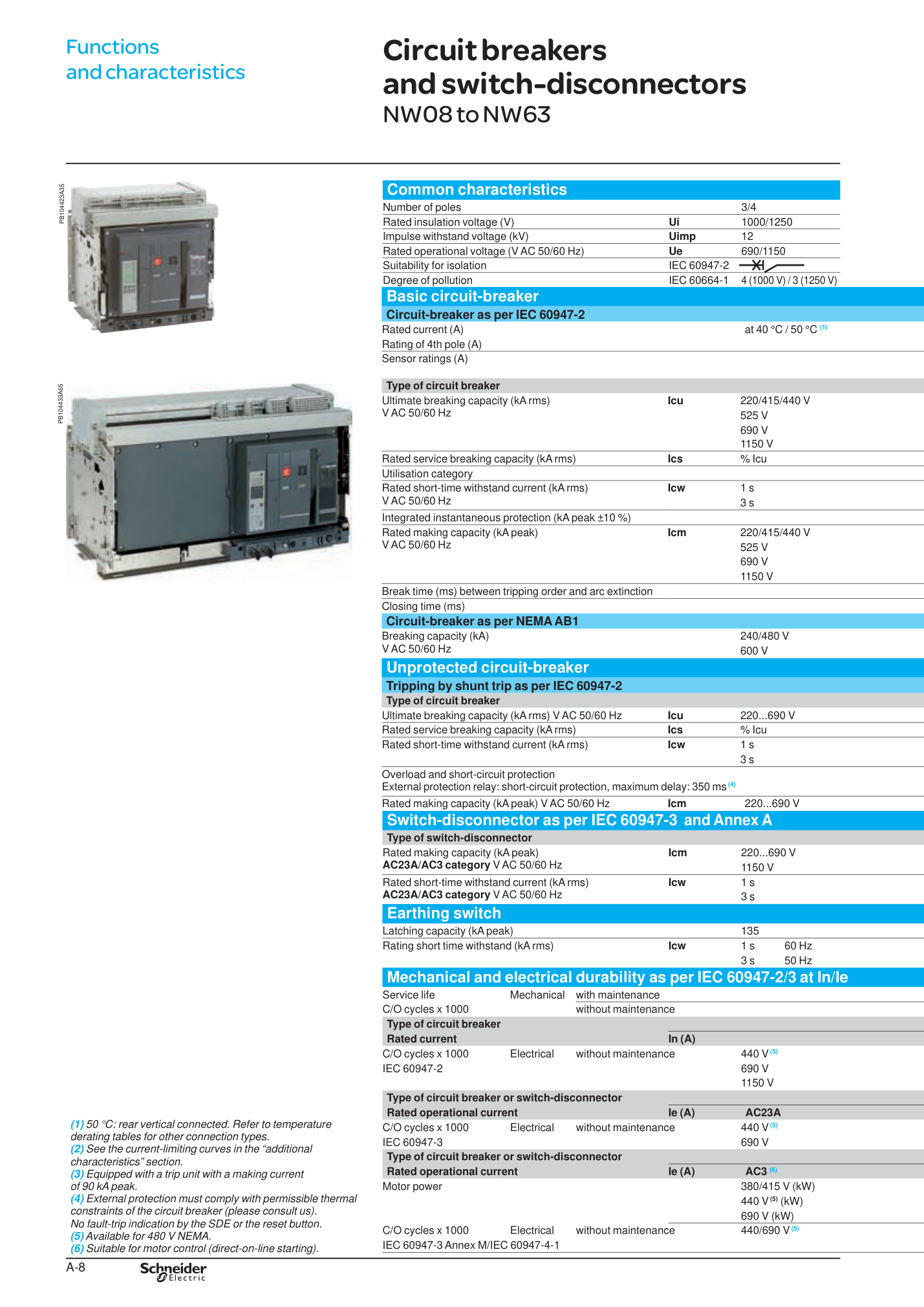 Real MasterPact NW interrupting rating table from manufacturer catalog